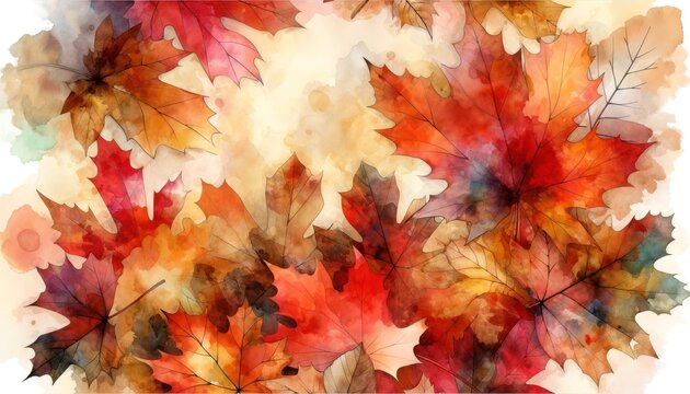 A vibrant watercolor painting of maple leaves in a rich tapestry of autumnal colors