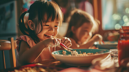 Child eating açaí in bowl with crunchy granola and fresh fruits smearing himself with fun.