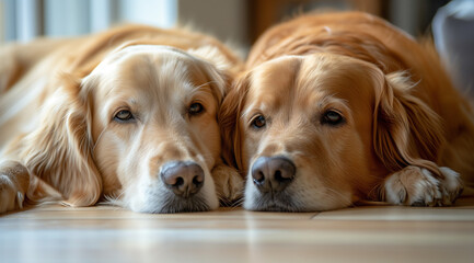 two dogs lay next to each other on the floor