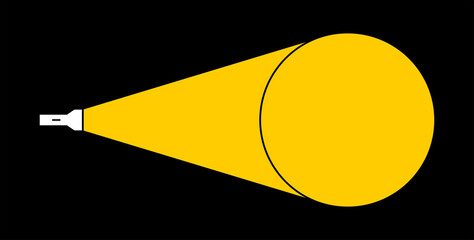 Illustration of a flashlight shining on a wall. Mobile or artificial light source. A beam of light to illuminate a space in the dark.