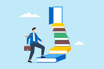 Businessman climb book stack stairs to opportunity door - obrazy, fototapety, plakaty