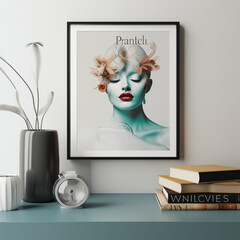 framed wall art featuring an illustration of a woman with feathered hair, in the style of daz3d, poster