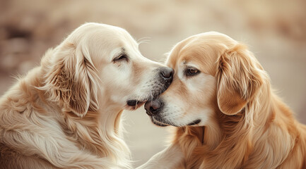 two golden Retrievers are touching each others faces