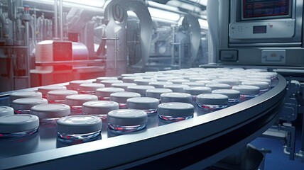 capsules on a conveyor belt within a modern pharmaceutical factory, showcasing the efficiency of the production process.