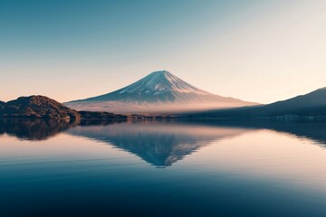 Fototapeta na wymiar Volcanic mountain in morning light reflected in calm waters of lake.