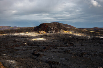 Active Volcano eruption at Fagradalsfjall in the Meradalir valley, Iceland. Black lava field. Unique natural attraction. © Lizaveta