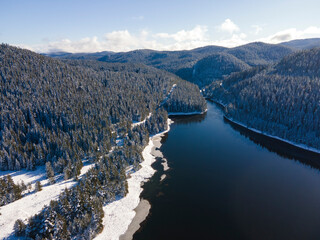 Aerial winter view of Beglika Reservoir, Bulgaria