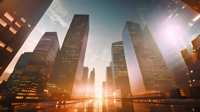 Modern skyscrapers downtown business district in sunset light, futuristic city, low angle, 4K