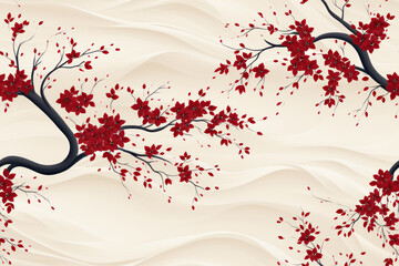 Beautiful illustration of red flowers on delicate branches set against a flowing cream backdrop.