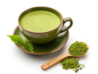 A calming cup of matcha tea served with green tea powder on a wooden spoon, representing a traditional, healthy, and refreshing drink