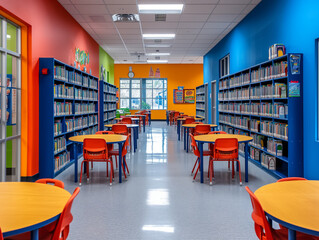 Bright and colourful elementary school library with tables chairs and bookshelves
