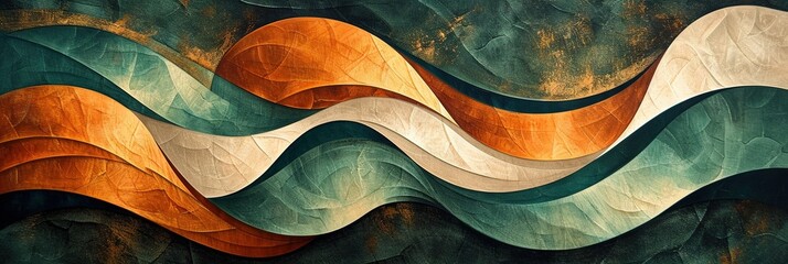 Colorful waves of different shades of green and orange with vibrant display of fluidity and contrast, this modern abstract painting the essence of nature through a bold mix of green and orange hues.