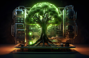 Árvore crescendo em circuito do computador. Computação verde, tecnologia verde, TI verde, RSE e ética de TI. Conceito de tecnologia verde. Tecnologia verde ambiental.