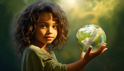 Linda menina ativista segurando o globo do planeta Terra na mão em ação climática e conceito de...