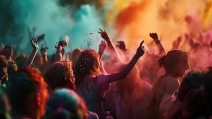 Deurstickers Festival of Colors at the Summer Holi Party with crowd having fun with colored powders. © Bnetto