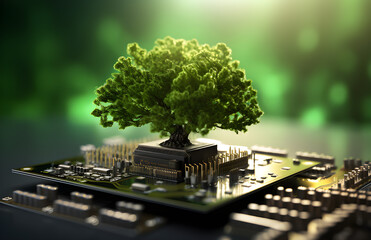 Árvore crescendo no ponto convergente da placa de circuito do computador. Computação verde, tecnologia verde, TI verde, RSE e ética de TI. Conceito de tecnologia verde. Tecnologia verde ambiental. - obrazy, fototapety, plakaty