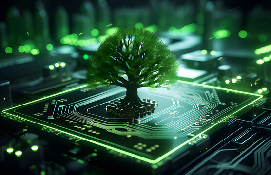 &Aacute;rvore crescendo no ponto convergente da placa de circuito do computador. Computa&ccedil;&atilde;o verde, tecnologia verde, TI verde, RSE e &eacute;tica de TI. Conceito de tecnologia verde. Tecnologia verde ambiental.