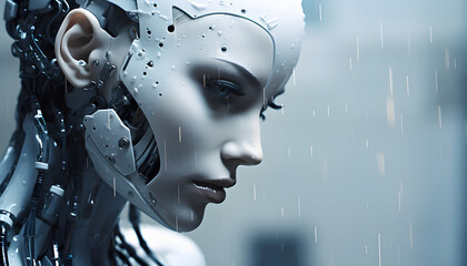 Close do rosto feminino de um robô humanoide com uma expressão pensativa com chuva no fundo