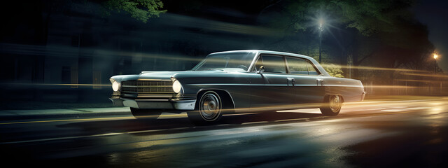 Um carro antigo em alta velocidade em uma estrada a noite com fachos de luzes - obrazy, fototapety, plakaty