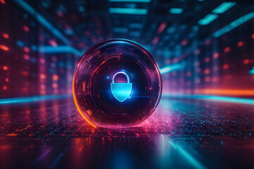 Protection shield with binary code on grey background. Data security concept. Generative AI