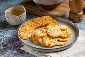 Pile of rice chips snack. Rice Crackers.