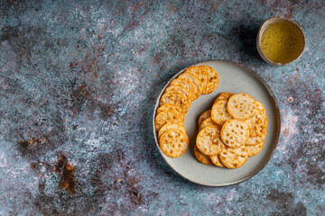 Pile of rice chips snack. Rice Crackers.