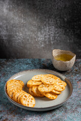 Pile of rice chips snack. Rice Crackers.