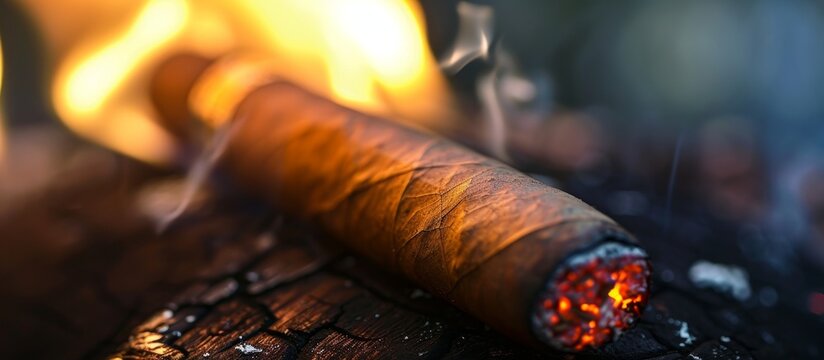 The cigar is ignited with a lighter and has burning fire and ash on top.