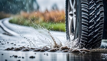 Single car tire standing on the road in difficult weather conditions, in snow or rain wet road with aquaplaning - obrazy, fototapety, plakaty