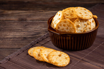 Pile of rice chips snack. Rice Crackers.