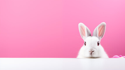 Obraz premium Adorable white rabbit peeking over surface with vibrant pink background and colorful easter eggs
