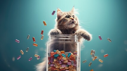 a hairy cat sitting in front of a pile of medicines, playfully interacting with pills, conveying the concept of pet treatment. - obrazy, fototapety, plakaty