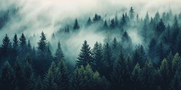 Fototapeta Misty Forest Aerial Photograph with Pine Trees. Foggy, Atmospheric Nature Background.