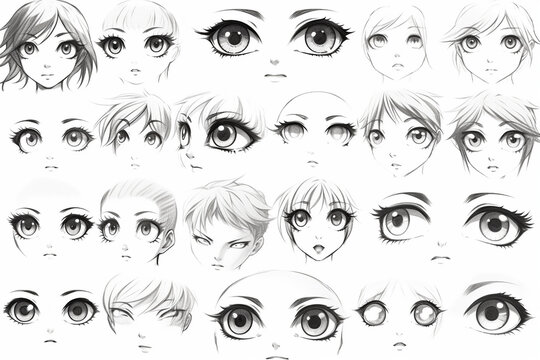 cute faces. Manga style eyes and mouths. Funny cartoon japanese emoticon in in different expressions, generative ai