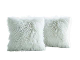 Two white fluffy faux fur pillows on a transparent background.