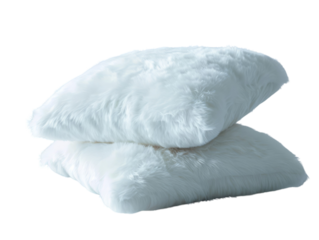 Two white fluffy faux fur pillows on a transparent background.