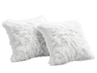 Two white fluffy faux fur pillows on a transparent background.