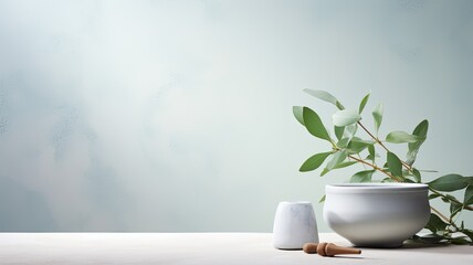 eucalyptus leaves alongside a white mortar and pestle, symbolizing ingredients for alternative medicine and natural cosmetics, aligning with a beauty salon and spa concept, with ample space for text.