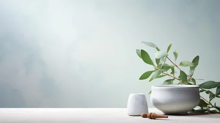 Fototapete Schönheitssalon eucalyptus leaves alongside a white mortar and pestle, symbolizing ingredients for alternative medicine and natural cosmetics, aligning with a beauty salon and spa concept, with ample space for text.