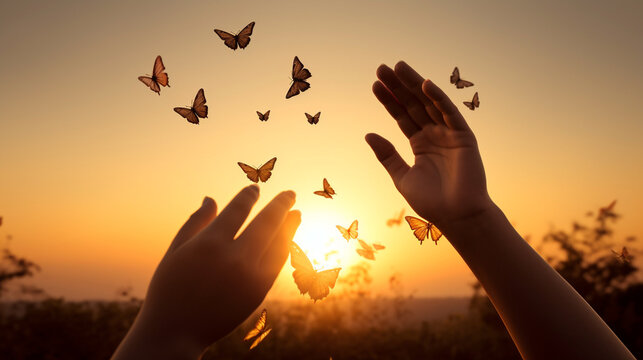 Human hands release a group of butterflies at sunset. AI Generated