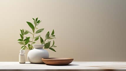 eucalyptus leaves alongside a white mortar and pestle, symbolizing ingredients for alternative medicine and natural cosmetics, aligning with a beauty salon and spa concept, with ample space for text.