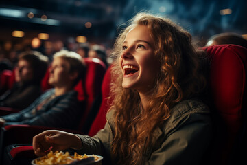 Chica y grupo de amigos pasando el fin de semana en el cine viendo una divertida película de comedia. - obrazy, fototapety, plakaty