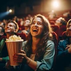 Chica y grupo de amigos pasando el fin de semana en el cine viendo una divertida película de comedia. - obrazy, fototapety, plakaty