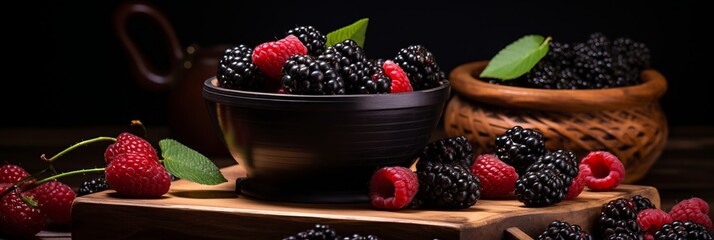 Delicious juicy mulberries background banner - fresh summer fruit for healthy snacks and desserts