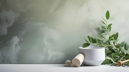 Lichtdoorlatende gordijnen Schoonheidssalon eucalyptus leaves alongside a white mortar and pestle, symbolizing ingredients for alternative medicine and natural cosmetics, aligning with a beauty salon and spa concept, with ample space for text.