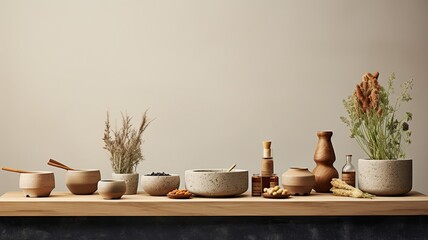 a large selection of Chinese herbal medicine arranged in wooden bowls, set against a textured papyrus background.