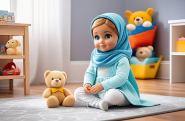 Cute little muslim girl with teddy bear sitting on floor at home. Cute Muslim doll in hijab. Generative AI