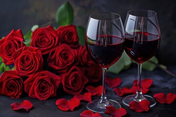 Bouquet of red roses and red wine