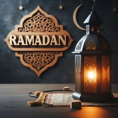 Ramadan lanterns moon and stars paper art style poster background, Generative Ai