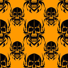 seamless symmetrical pattern of black human skulls on an orange background, texture, design